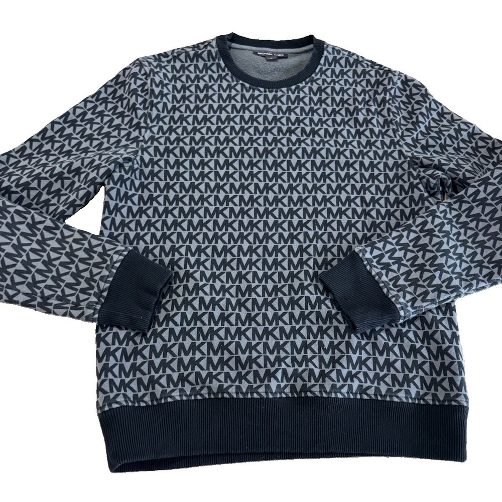 Michael Kors Mens Medium Gray Black MK All Over Logo Print Crewneck Sweatshirt